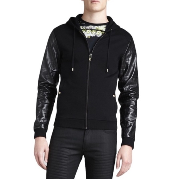 Versace Collection Hoodie Jacket Leather Cotton Sleeves Zip Up Hood Coat Logo MS - Picture 1 of 16